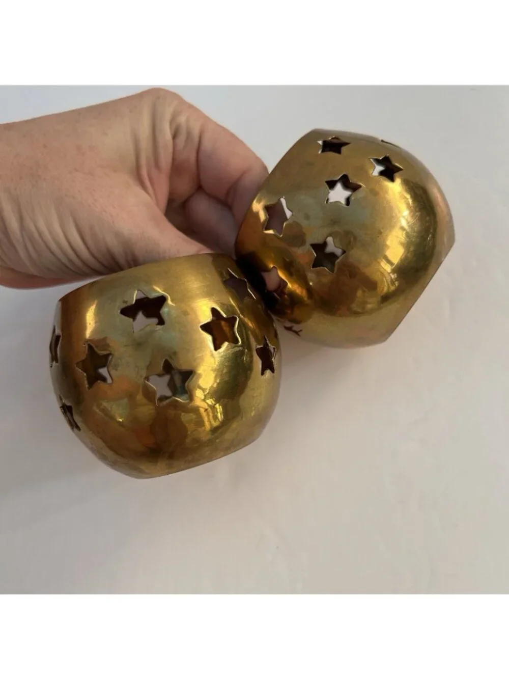 Vintage Set of 2 Brass Celestial Star Cutout Candleholders Goldtone Votive India